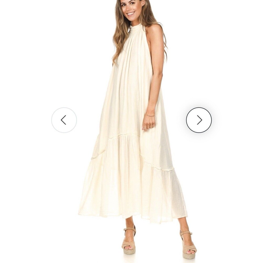 Greek Archaic Kori Beige Halter Maxi Dress Small Textured Cotton Resortwear Boho